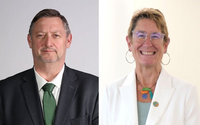 Joe Purington and Linda Ball side-by-side portrait photos 