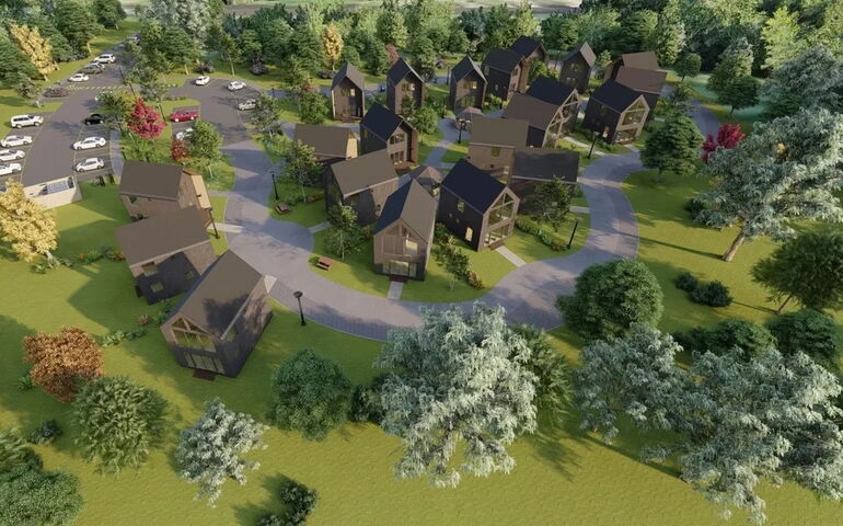 aerial view of a condo complex Wibur's Woods development in Brunswick