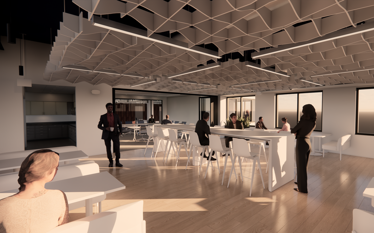 An illustration shows people in a space with counters and chairs.