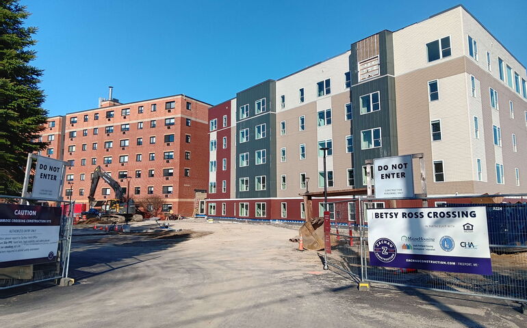 An exterior view of a multi-story building.