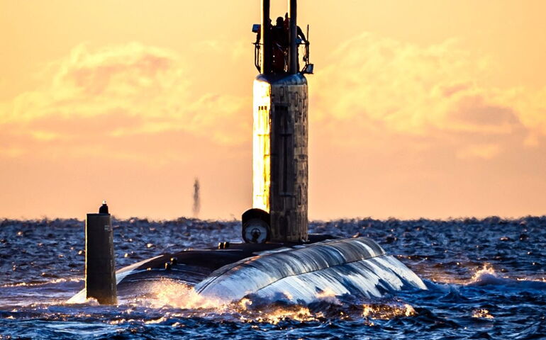 A submarine is in the water.