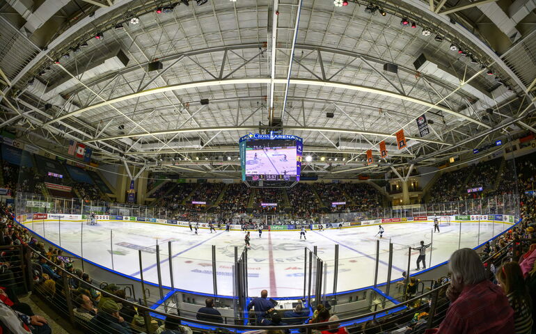 Fish-eye lens views of hockey game at Cross Insurance Arena 