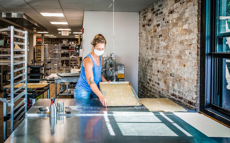 Nina Murray working at the Fork Food Lab commercial kitchen.