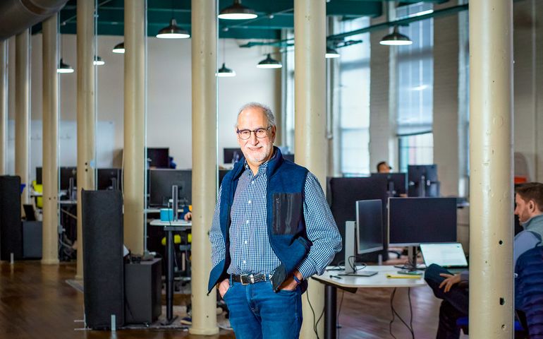 David Joseph in the firm's office at the Dana Warp Milll