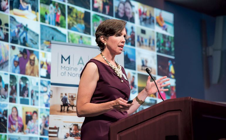 File photo of Jennifer Hutchins on stage at a June 2019 event