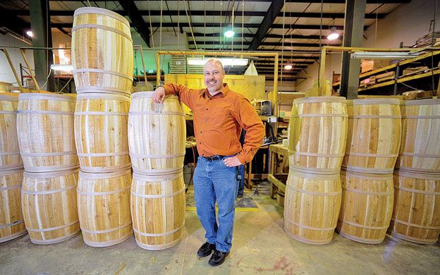 Mike Morin, president of Maine Bucket Co. in Lewiston, says wine and spirit displays for brands like Maker's Mark are boosting his company's business.